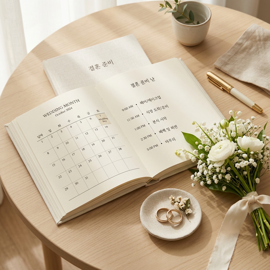 결혼 준비 타임라인과 일정 지도를 나타낸 정갈하고 깔끔한 에디토리얼 이미지